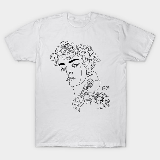 Woman Face with flowers T-Shirt by OneLinePrint